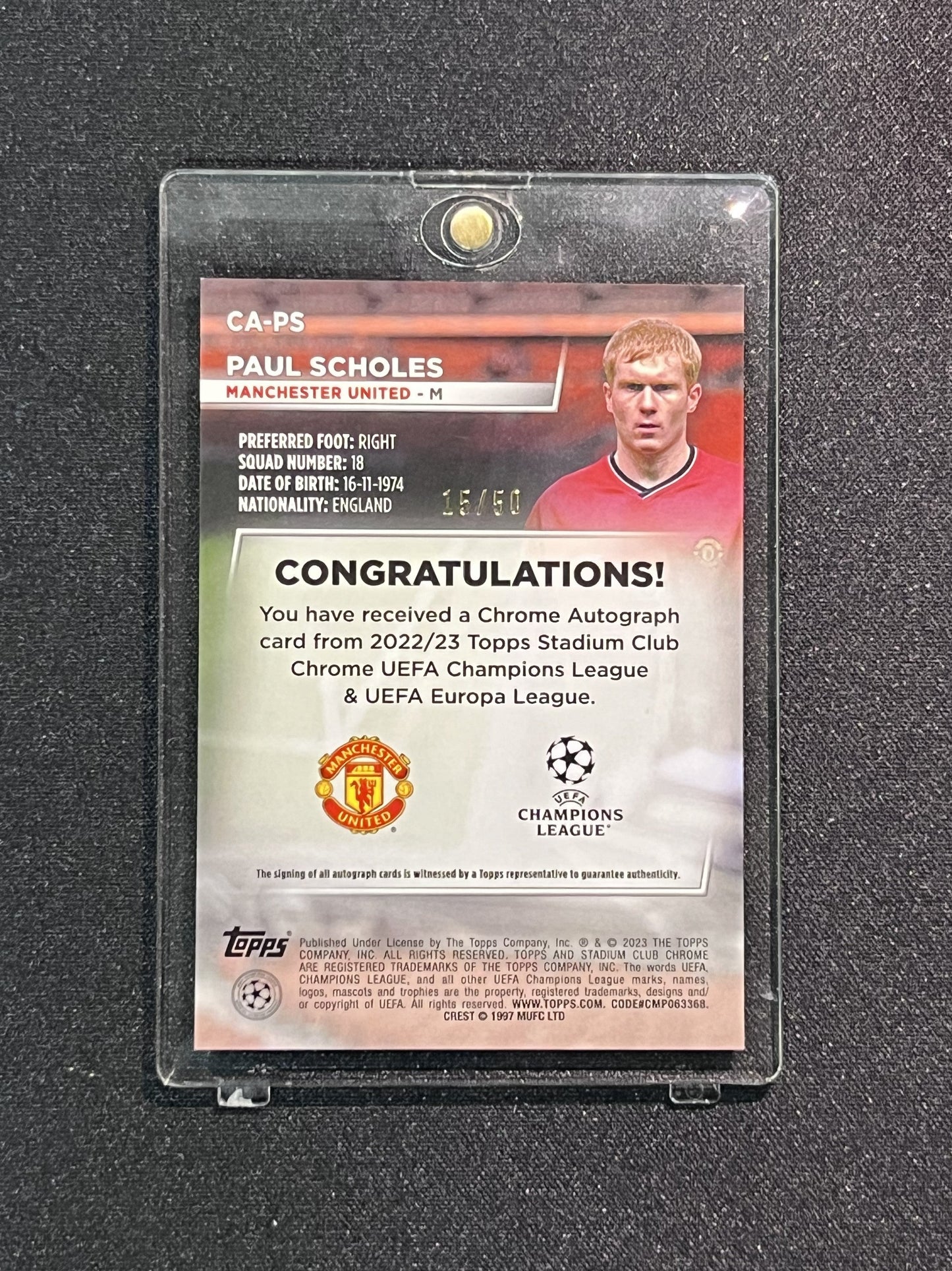PAUL SCHOLES - 2023 TOPPS CHROME STADIUM CLUB /50 #CA-PS AUTO