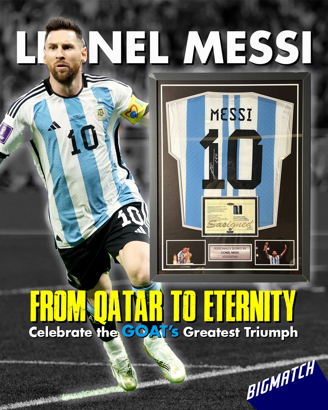 Lionel Messi Signed Jersey Display – “From Qatar to Eternity” Collector’s Frame