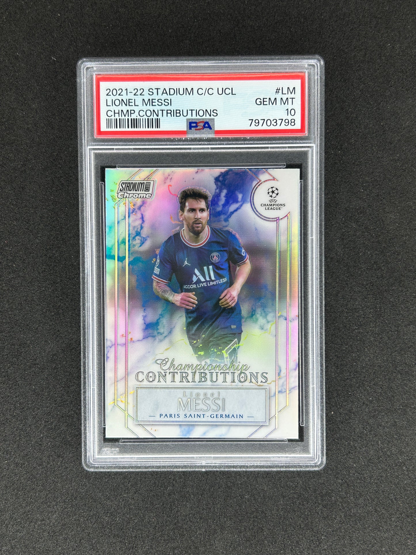 LIONEL MESSI - 2021-22 STADIUM UCL CHAMPION CONTRIBUTION #CC-LM PSA 10