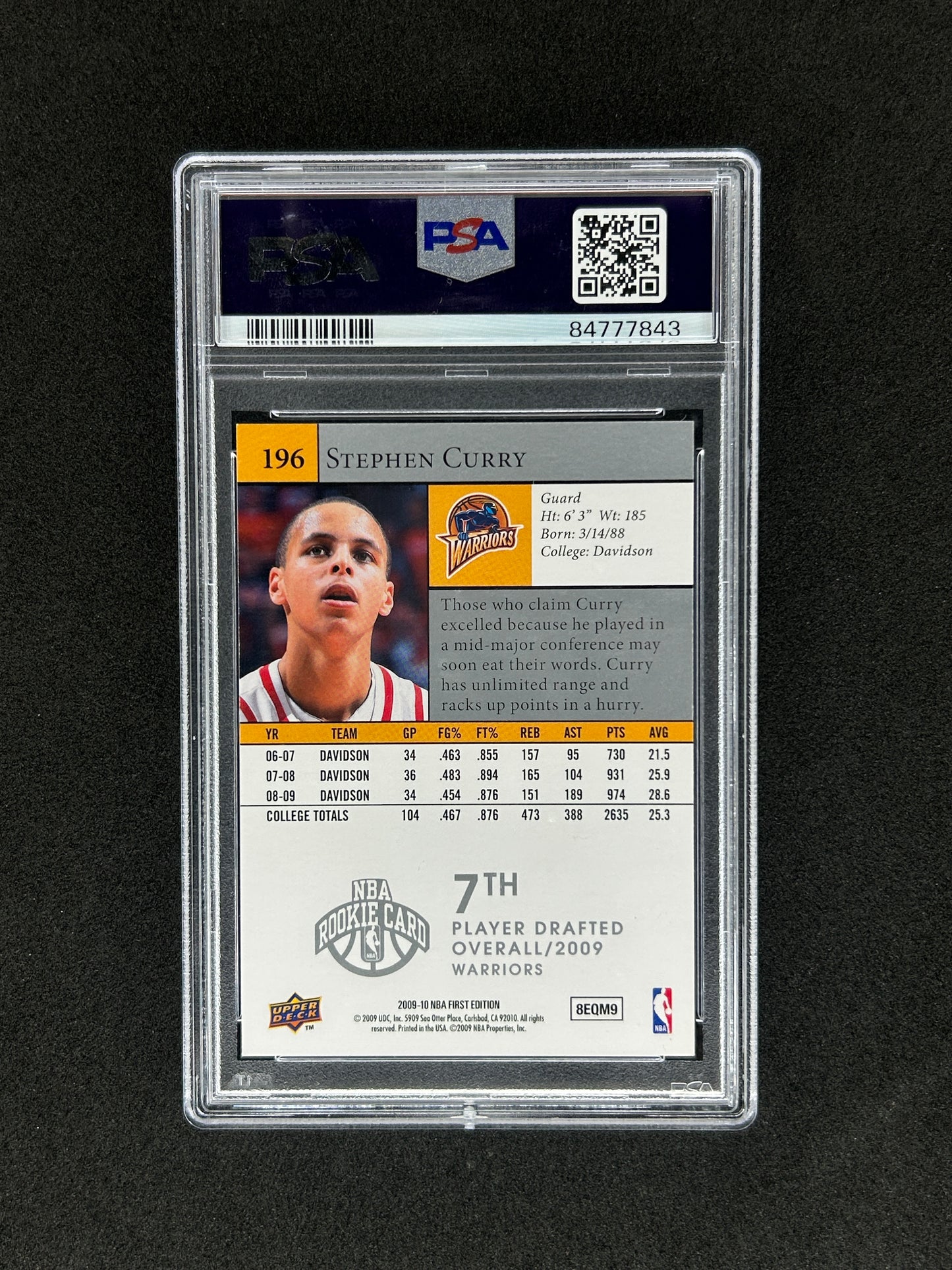 STEPHEN CURRY - 2009 UPPER DECK FIRST EDITION #196 PSA MINT 8