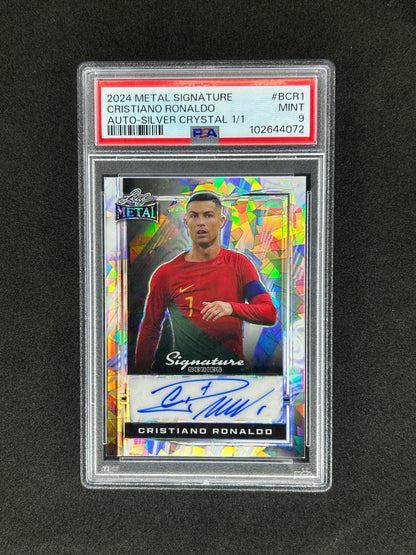 CRISTIANO RONALDO - 2024 METAL SIGNATURE AUTO SILVER CRYSTAL #BCR1 1/1 PSA 9