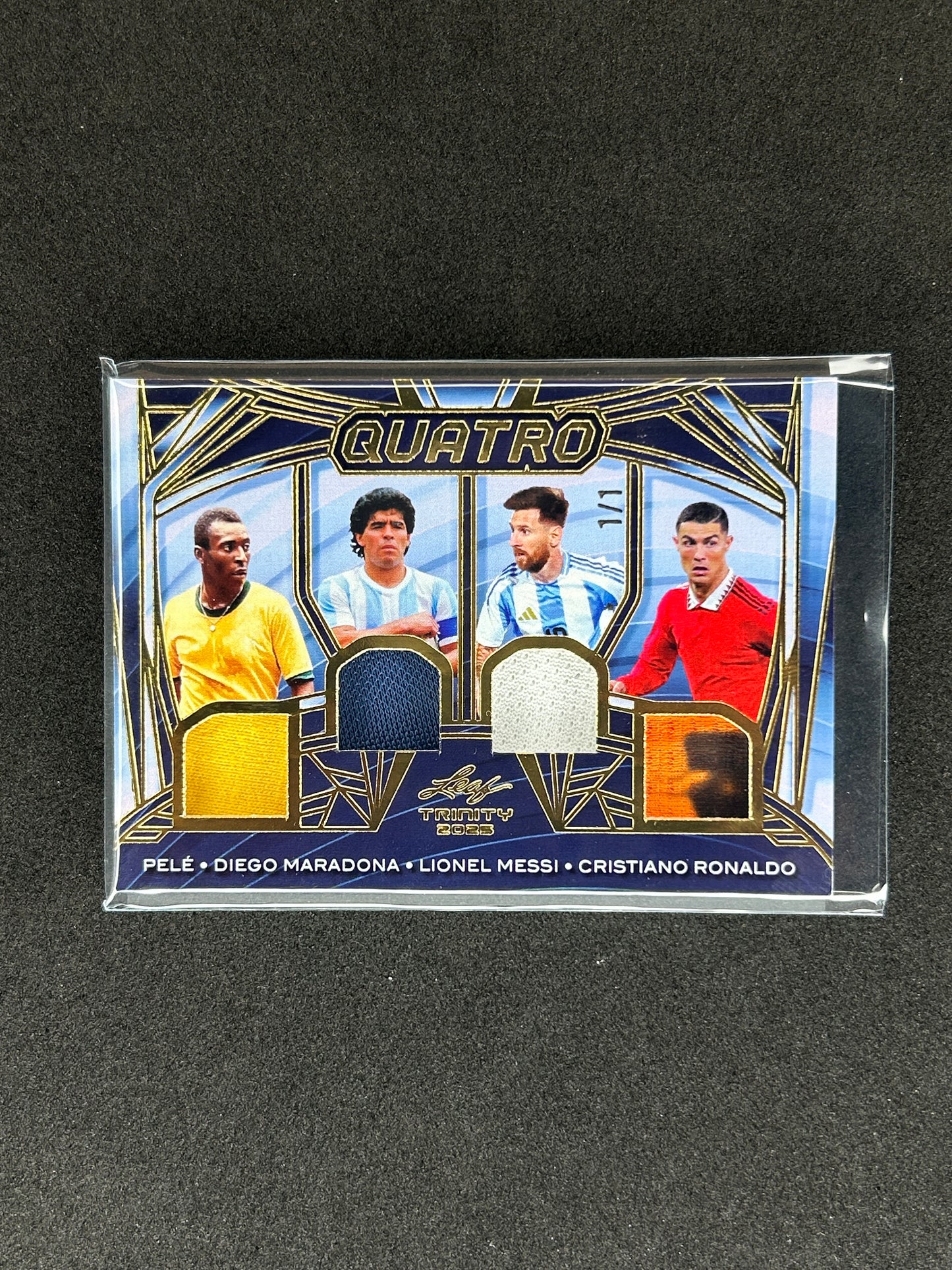 PELE/MARADONA/MESSI/CRISTIANO RONALDO - 2025 QUATRO  LEAF TRINITY #Q-8 /5 PATCH
