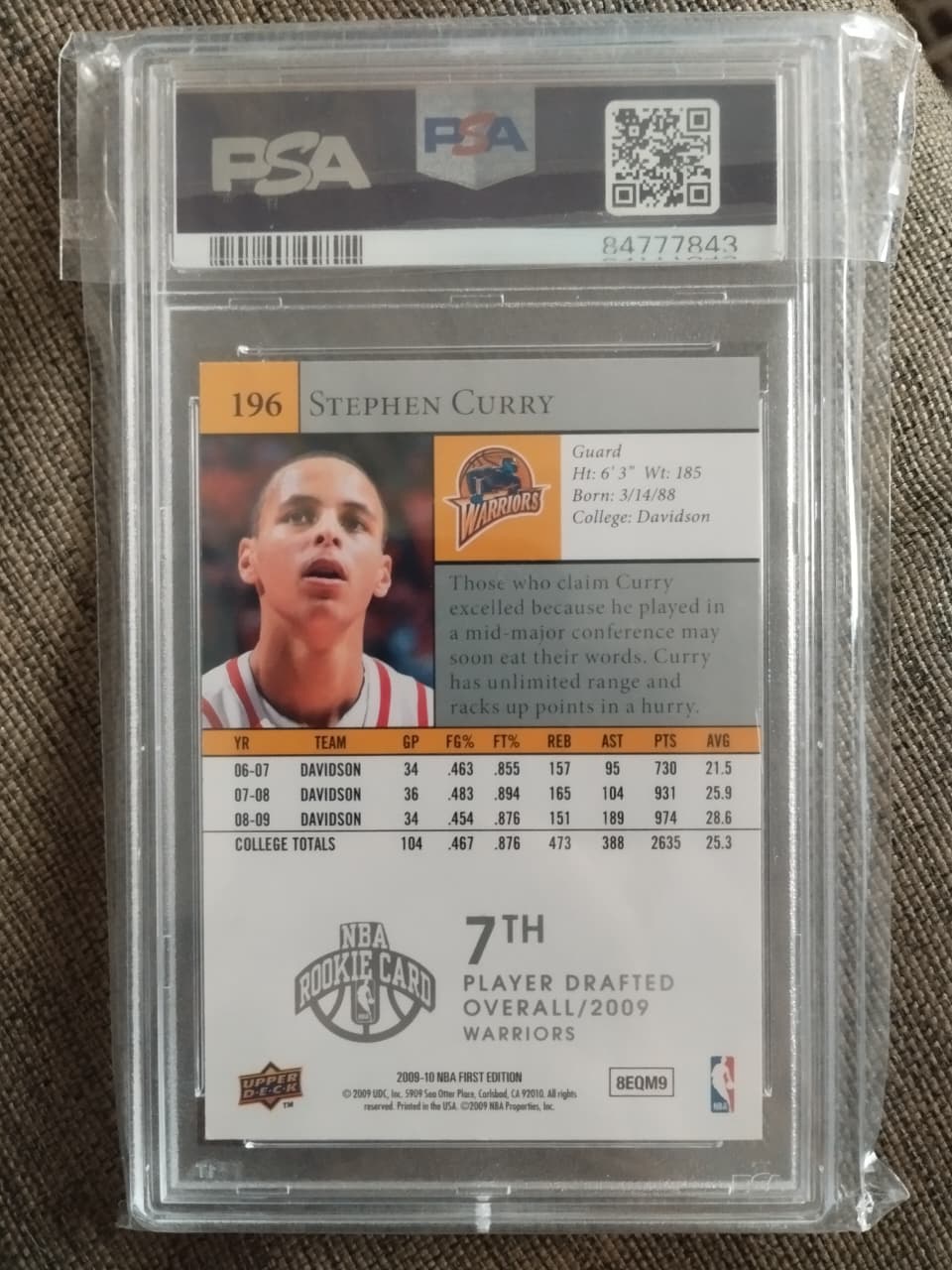 STEPHEN CURRY - 2009 UPPER DECK - Warriors - #196 MINT 8