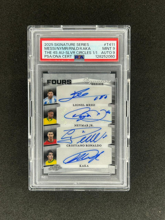 MESSI/NEYMAR/RONALDO/KAKA - 2025 SIGNATURE SERIES THE FOURS #T411 1/1 SILVER CIRCLES PSA 9