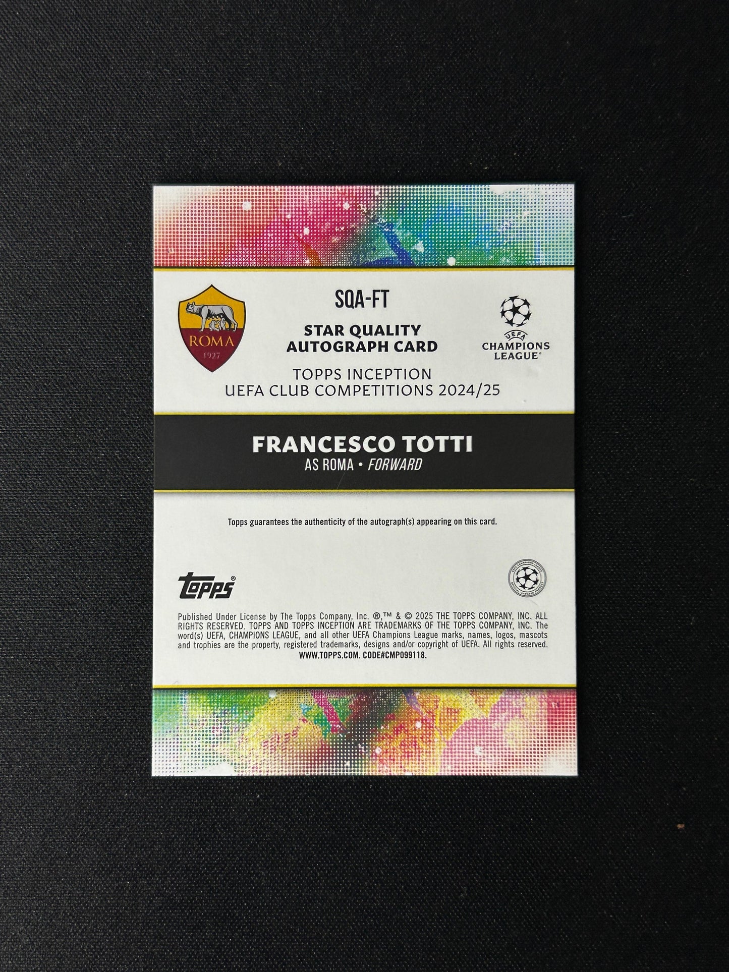 FRANCESCO TOTTI - 2024-25 TOPPS INCEPTION AUTO PURPLE #SQA-FT /25