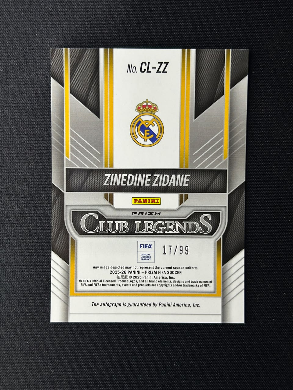 ZINEDINE ZIDANE - 2025-26 Panini Prizm Auto Silver Prizm Club Legends #CL-ZZ /99