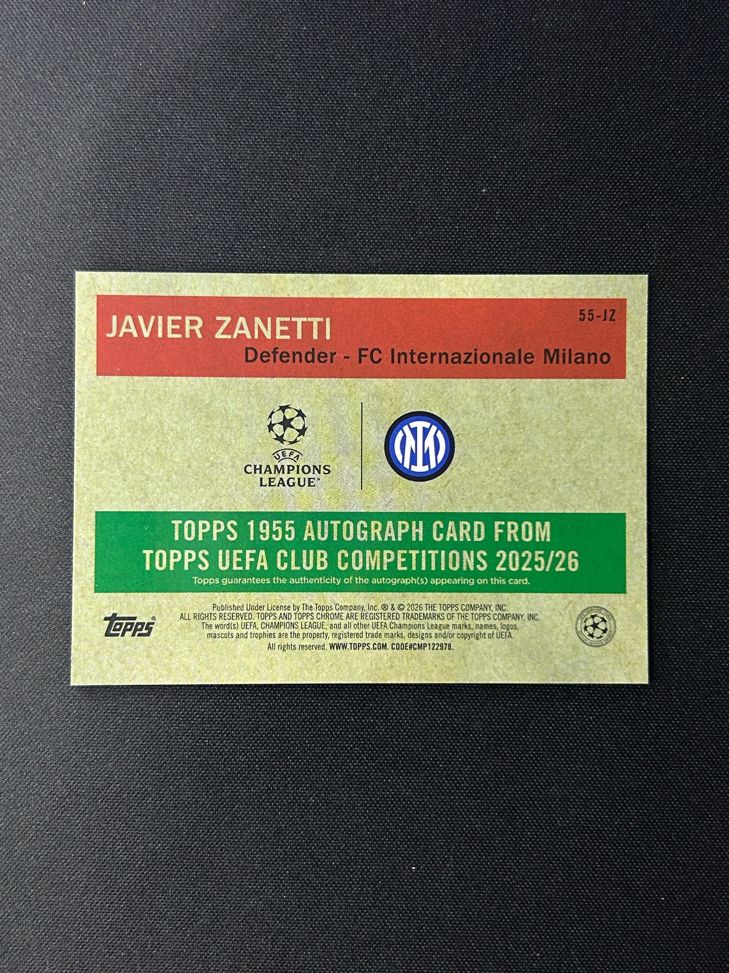 JAVIER ZANETTI - 2025/26 TOPPS CHROME AUTO /25 #55-JZ