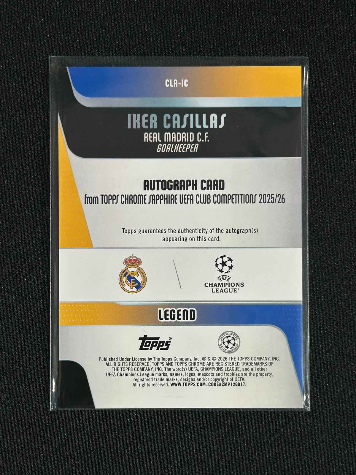 Iker Casillas  - 2025/26 Topps Chrome Sapphire Legends Auto Gold Refractor #CLA-IC /50